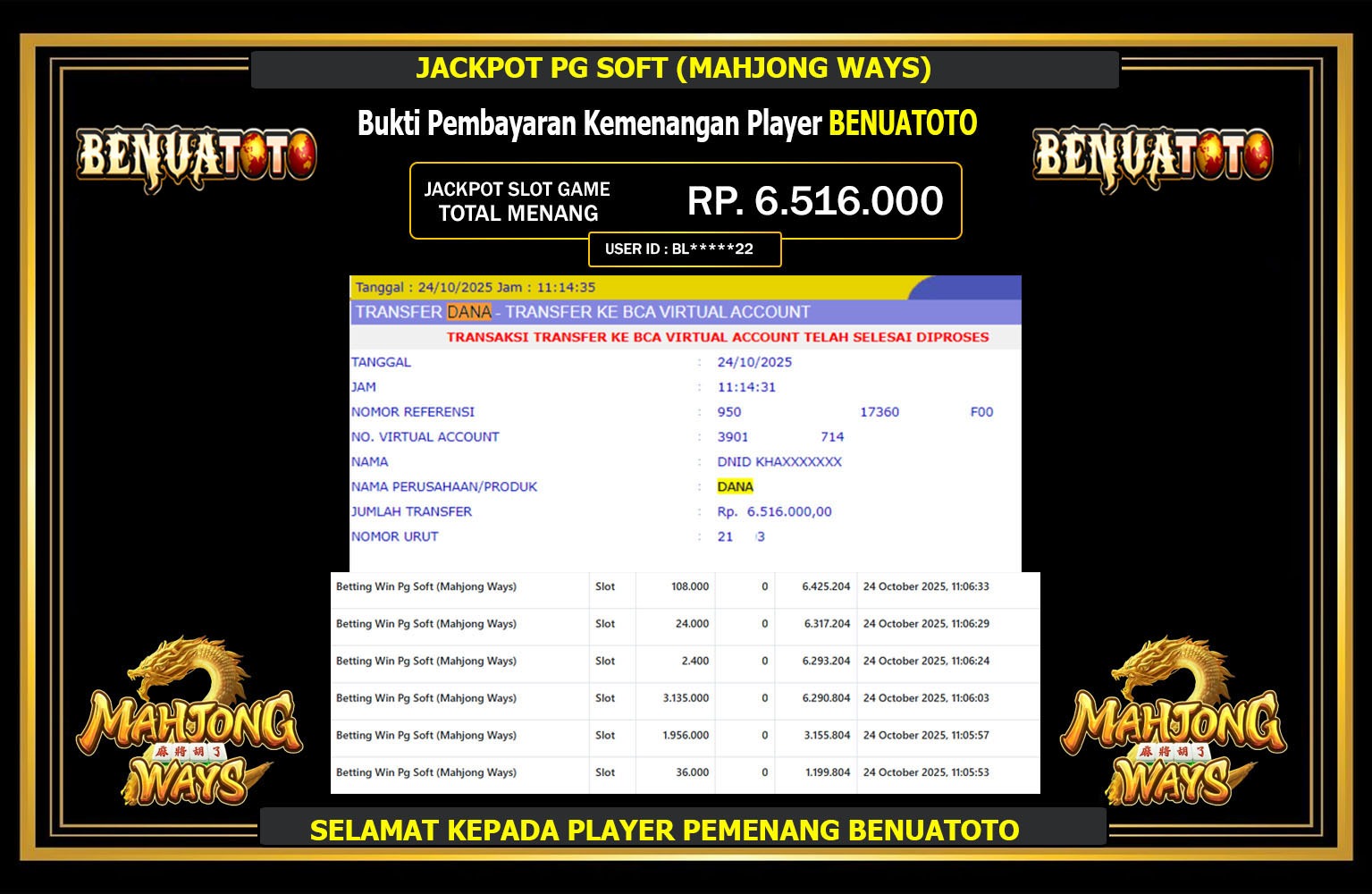 BENUATOTO JACKPOT PG SOFT (MAHJONG WAYS) Rp.6.516.000,- LUNAS