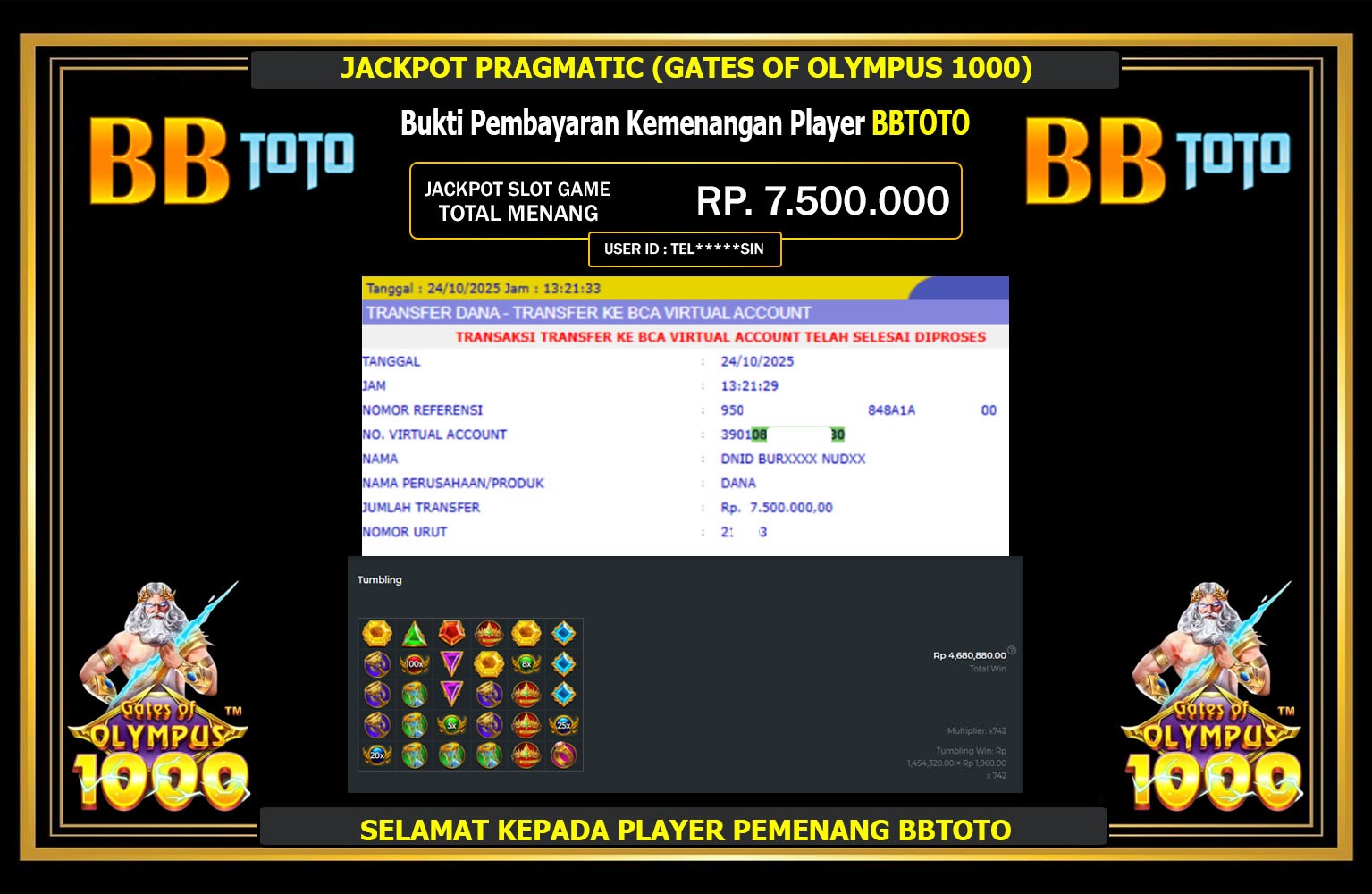 BBTOTO JACKPOT PRAGMATIC (GATES OF OLYMPUS 1000) Rp.7.500.000,- LUNAS
