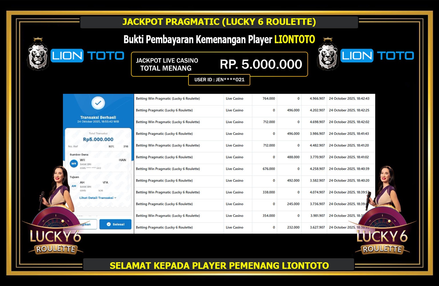 LIONTOTO JACKPOT PRAGMATIC (LUCKY 6 ROULETTE) Rp.5.000.000,- LUNAS