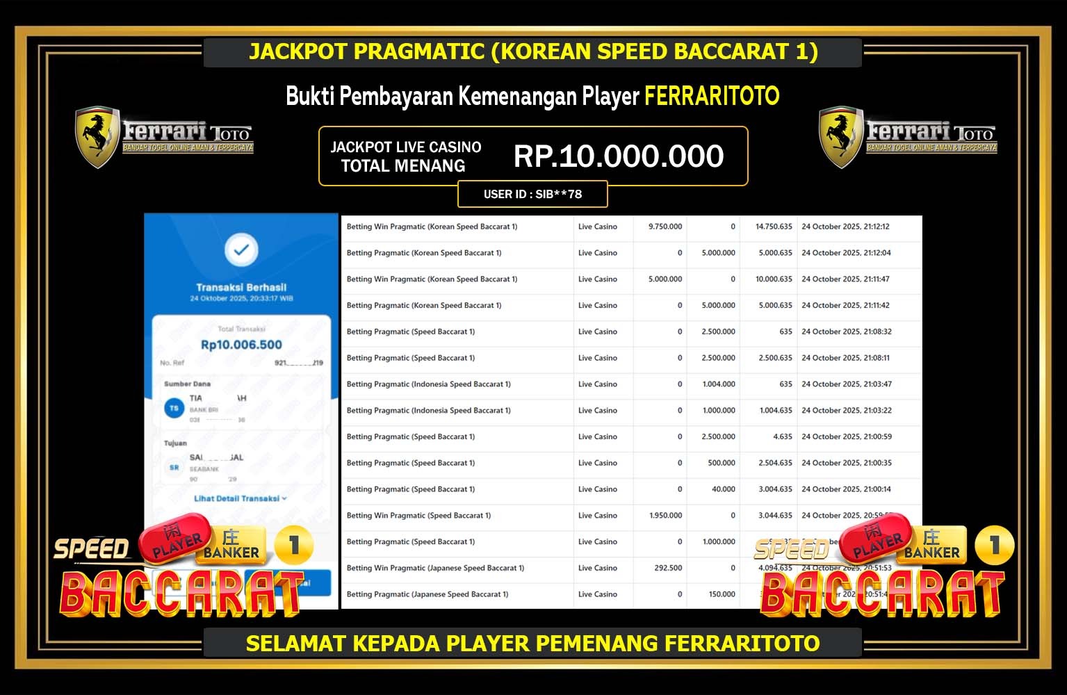 FERRARITOTO JACKPOT Pragmatic (Korean Speed Baccarat 1) Rp.10.000.000,- LUNAS