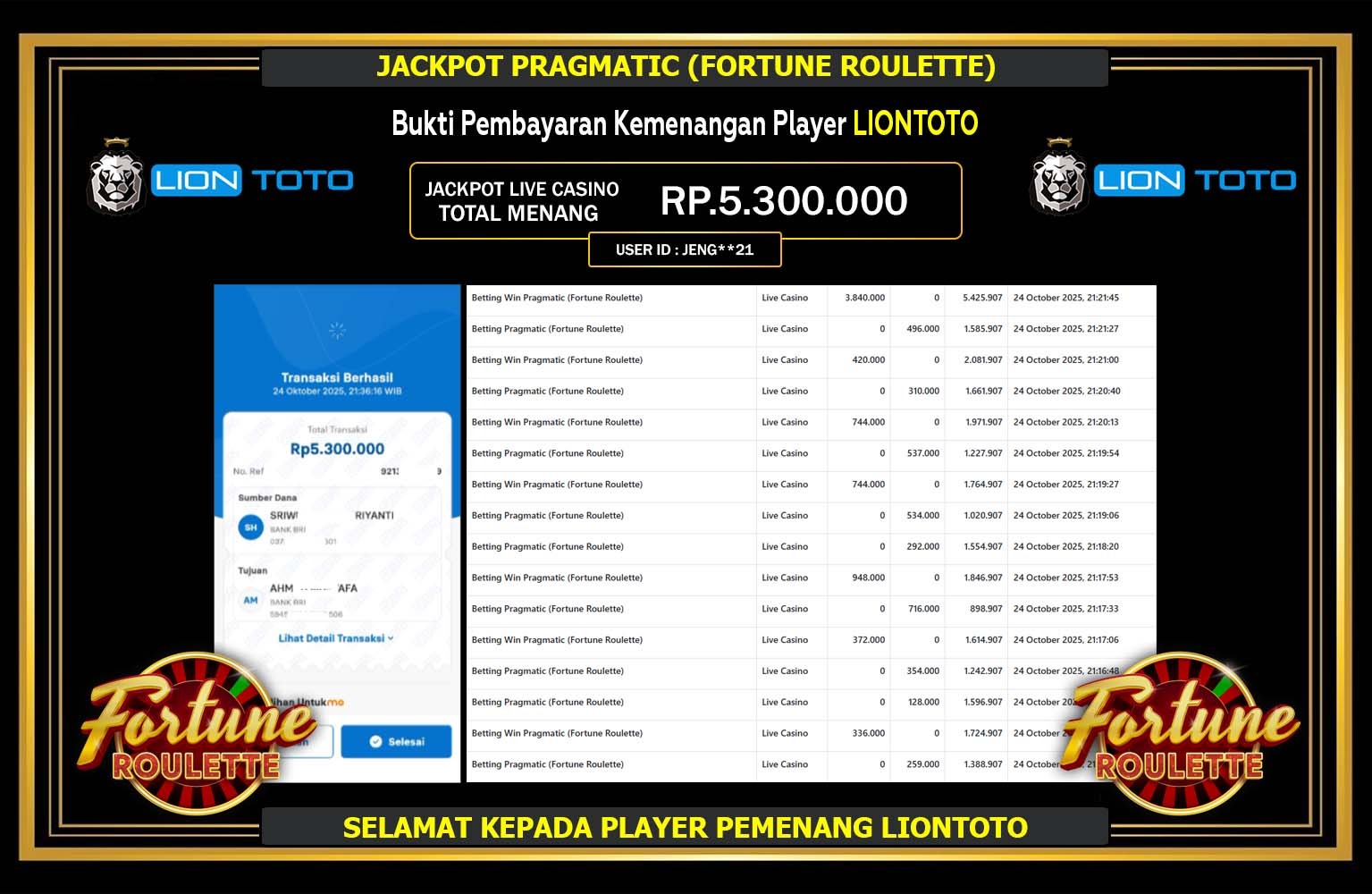 LIONTOTO JACKPOT PRAGMATIC (Fortune Roulette) Rp.5.300.000,- LUNAS