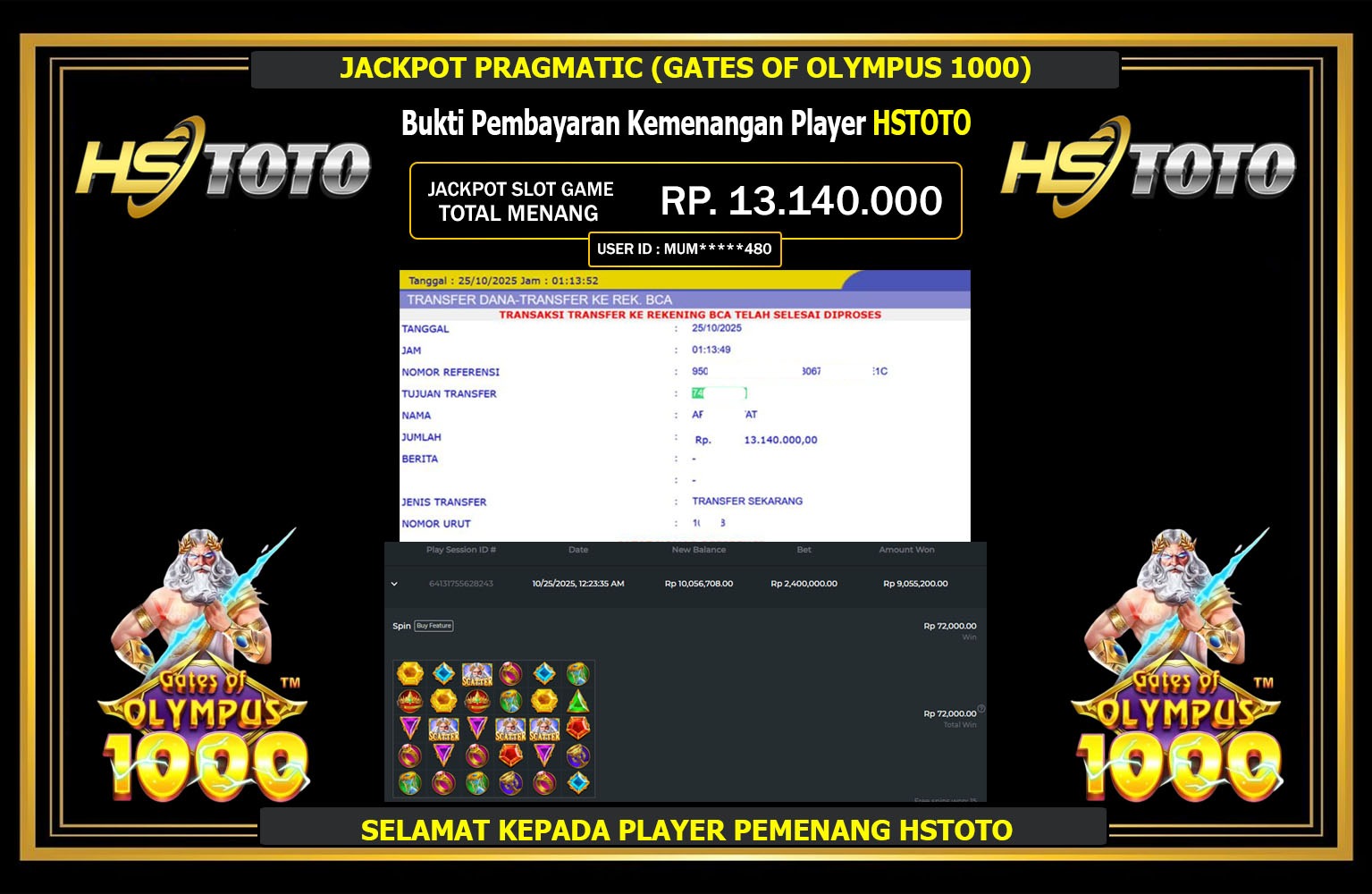 HSTOTO JACKPOT PRAGMATIC (GATES OF OLYMPUS 1000) Rp.13.140.000,- LUNAS