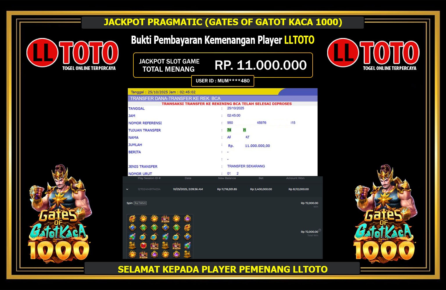 LLTOTO JACKPOT PRAGMATIC (GATES OF GATOT KACA 1000) Rp.11.000.000,- LUNAS