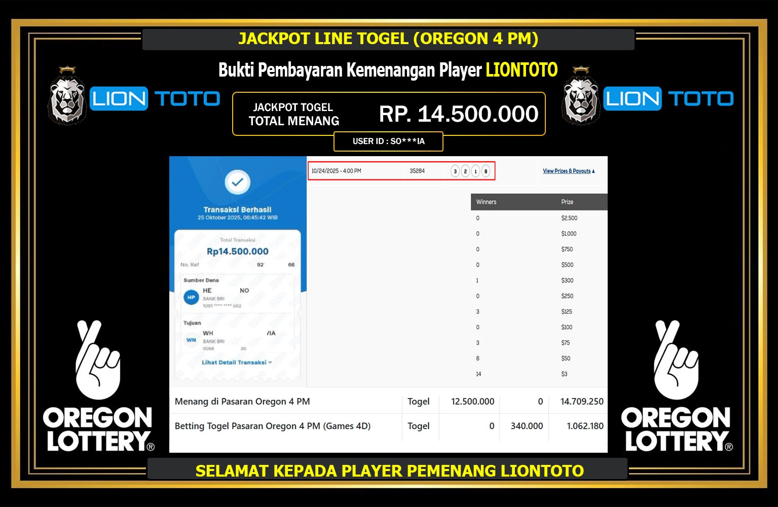 LIONTOTO JACKPOT LINE TOGEL (OREGON 4PM) Rp.14.500.000,- LUNAS