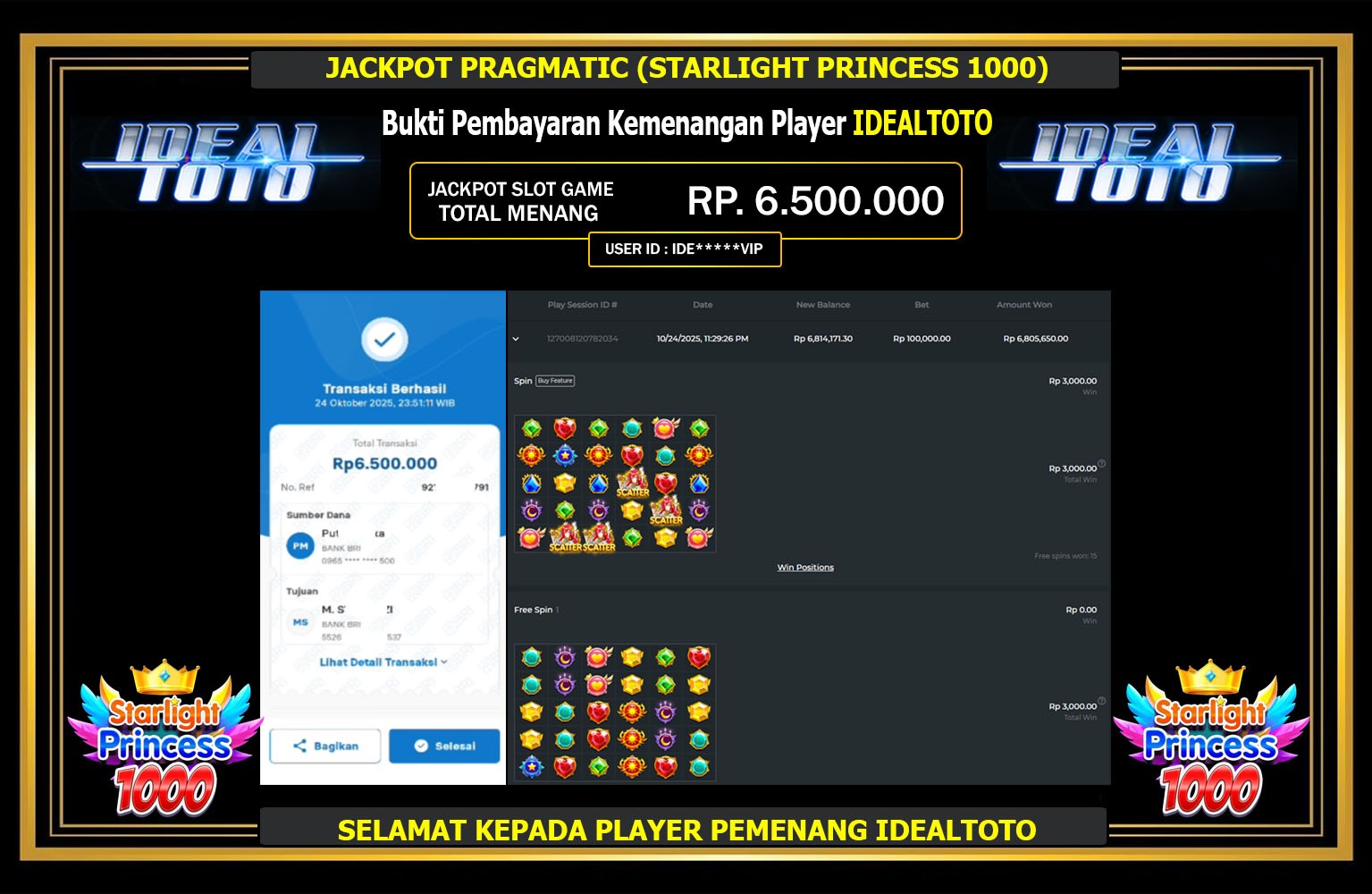 IDEALTOTO JACKPOT PRAGMATIC (STARLIGHT PRINCESS 1000) Rp.6.500.000,- LUNAS