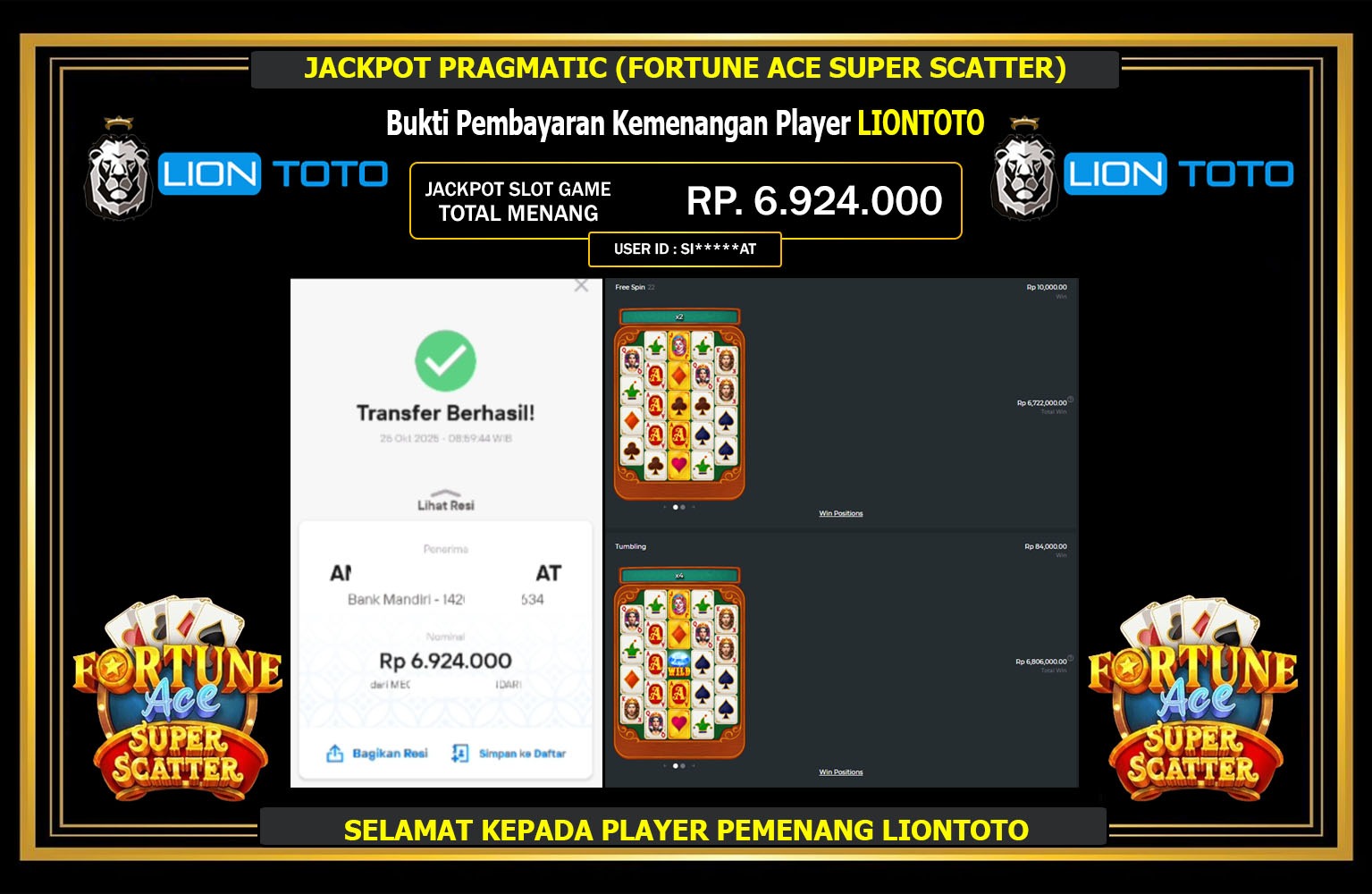 LIONTOTO JACKPOT PRAGMATIC (FORTUNE ACE SUPER SCATTER) Rp.6.924.000,- LUNAS