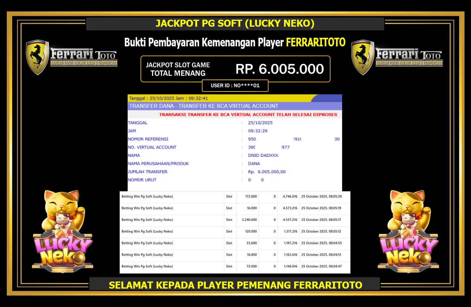 FERRARITOTO JACKPOT PG SOFT (LUCKY NEKO) Rp.6.005.000,- LUNAS
