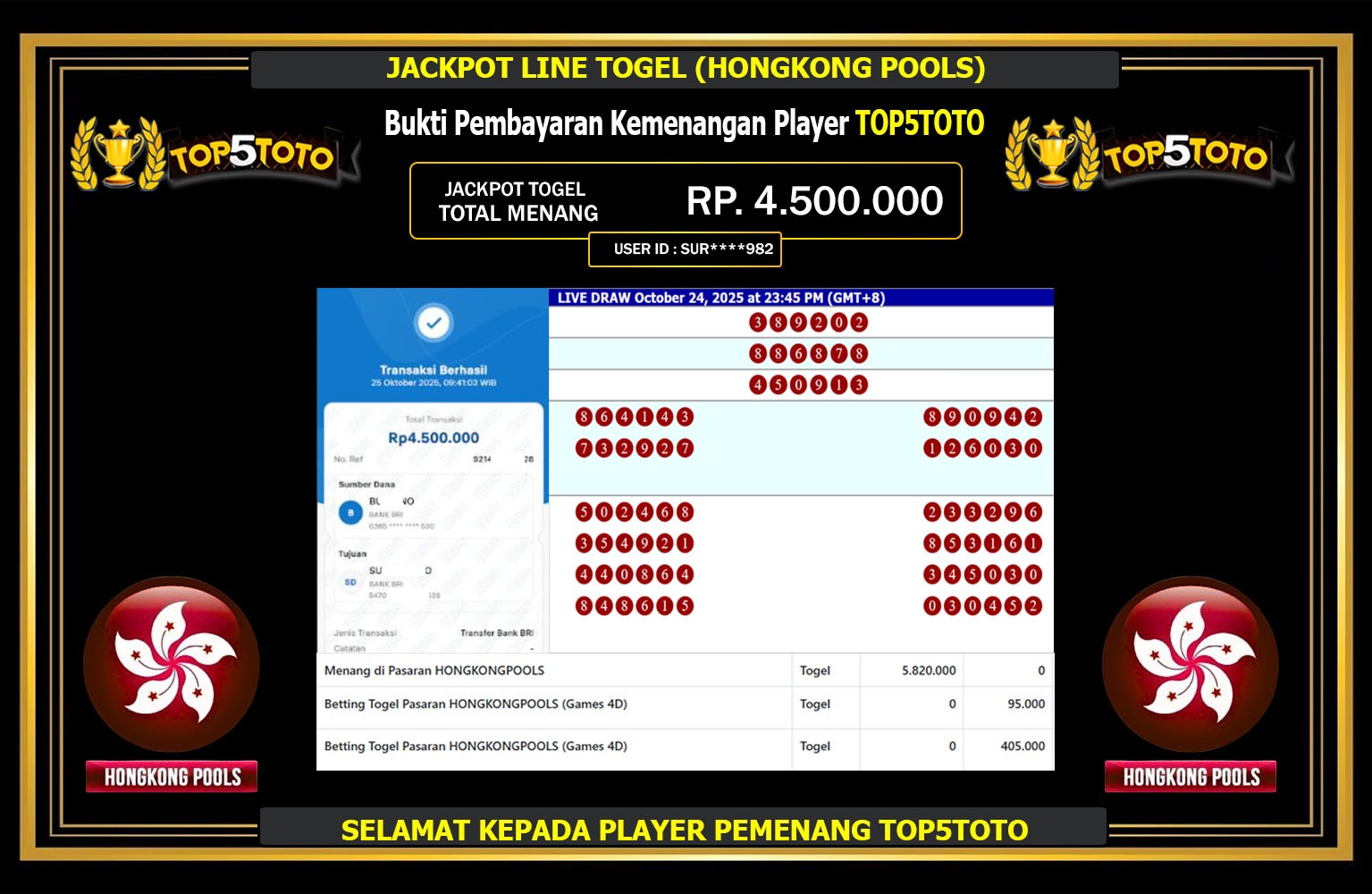TOP5TOTO JACKPOT LINE TOGEL (HONGKONGPOOLS) Rp.4.500.000,- LUNAS