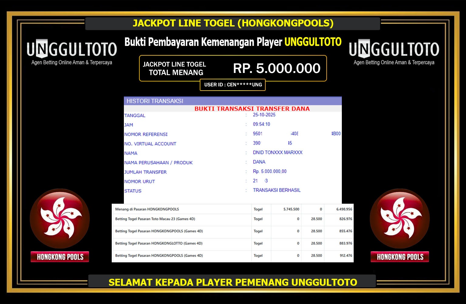 UNGGULTOTO JACKPOT LINE TOGEL (HONGKONG POOLS) Rp.5.000.000,- LUNAS