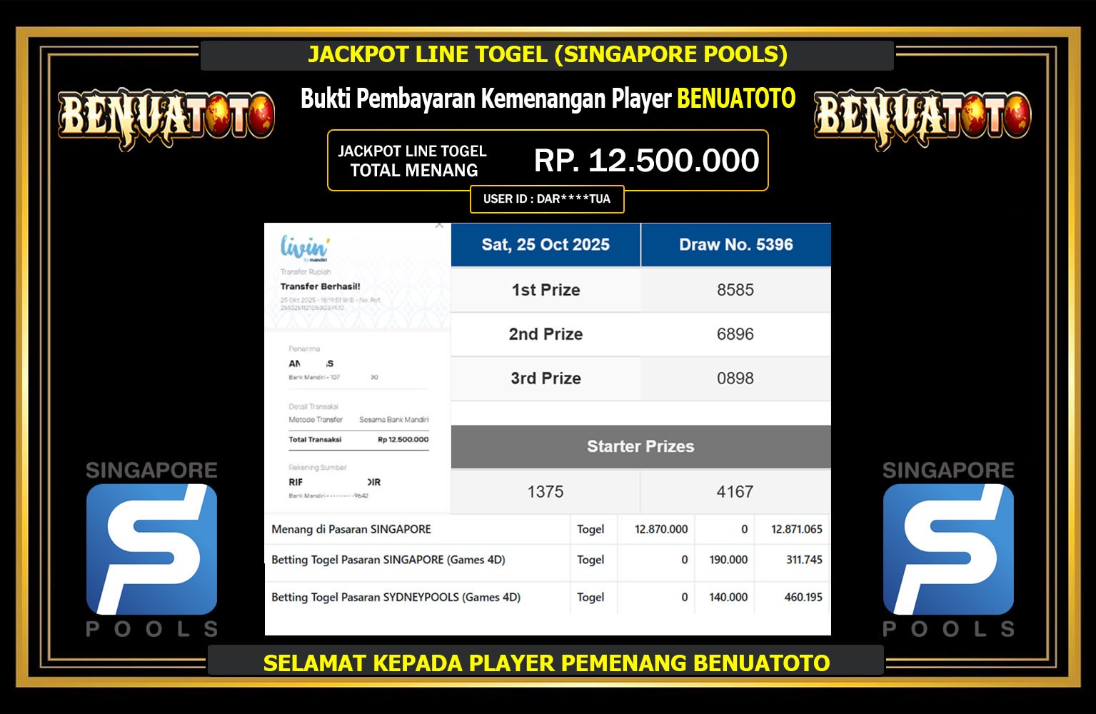 BENUATOTO JACKPOT LINE TOGEL (SINGAPORE POOLS) Rp.12.500.000,- LUNAS