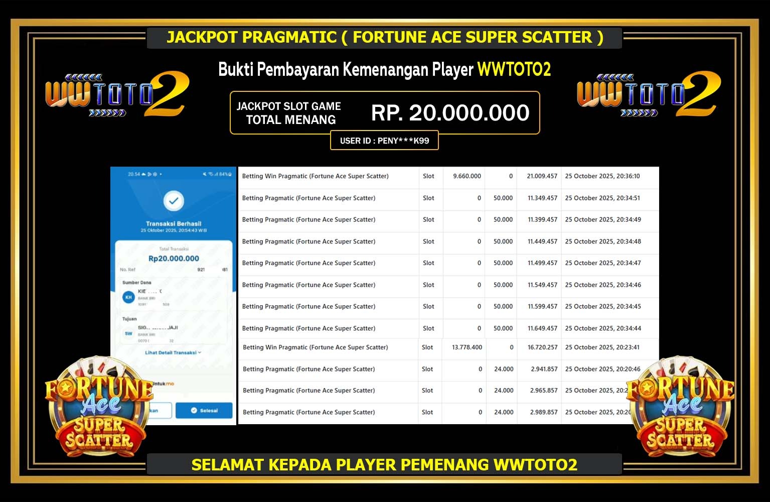 WWTOTO2 JACKPOT PRAGMATIC (FORTUNE ACE SUPER SCATTER) Rp.20.000.000,- LUNAS