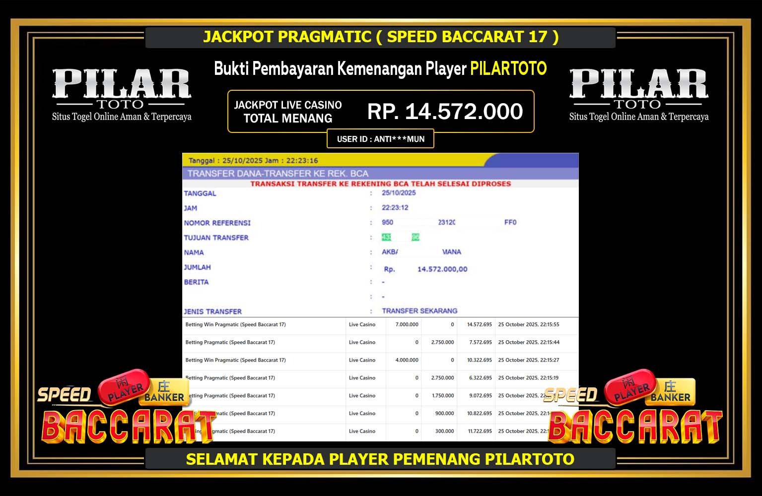 PILARTOTO JACKPOT PRAGMATIC (SPEED BACCARAT 17) Rp.14.572.000,- LUNAS