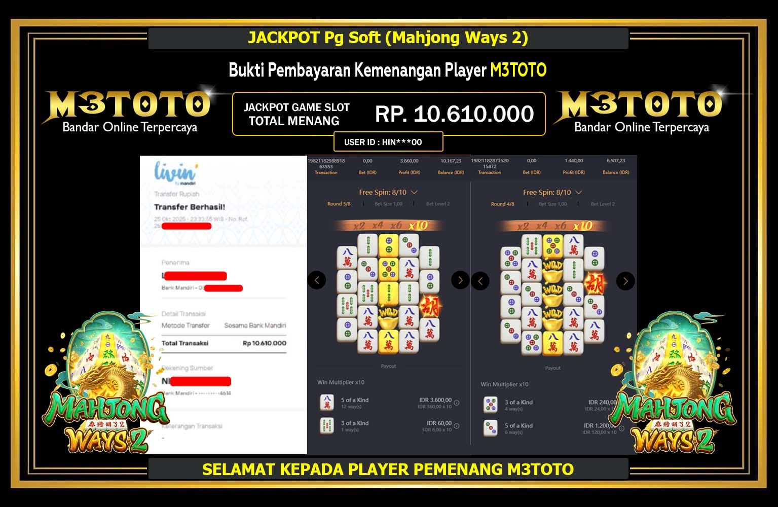 M3TOTO JACKPOT Pg Soft (Mahjong Ways 2) Rp.10.610.000,- LUNAS