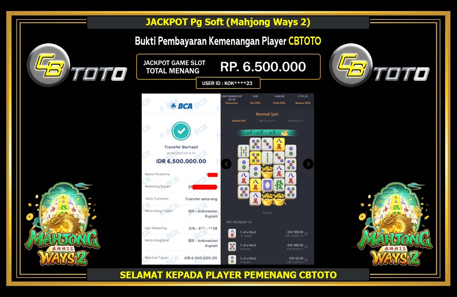 CBTOTO JACKPOT PG SOFT (MAHJONG WAYS 2) Rp.6.500.000,- LUNAS