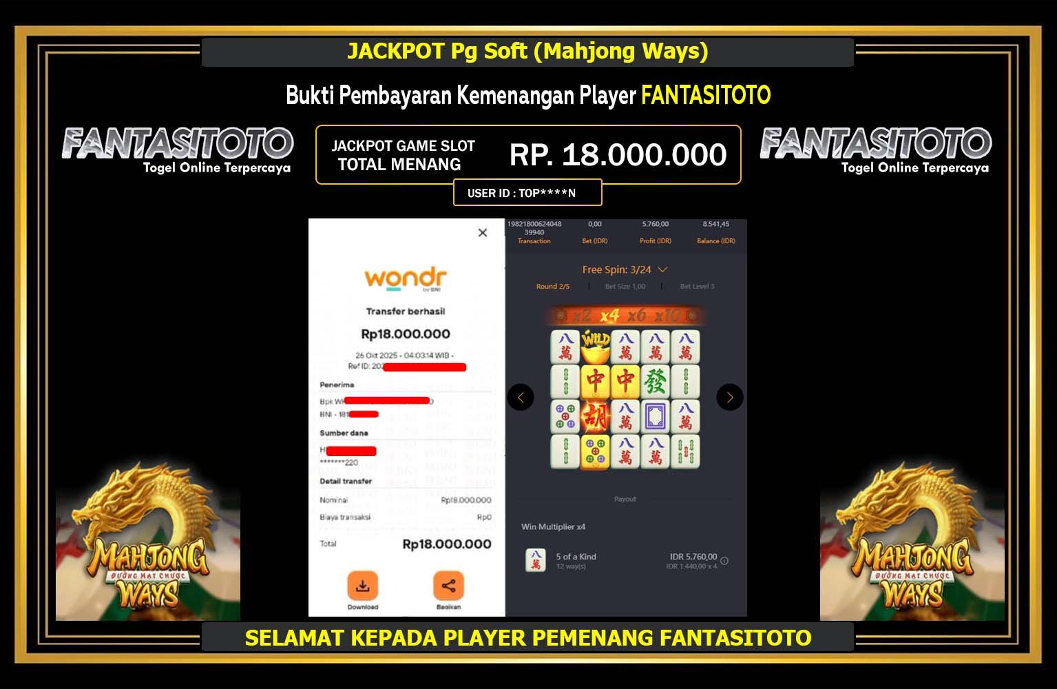 FANTASITOTO JACKPOT Pg Soft (Mahjong Ways) Rp.18.000.000,- LUNAS
