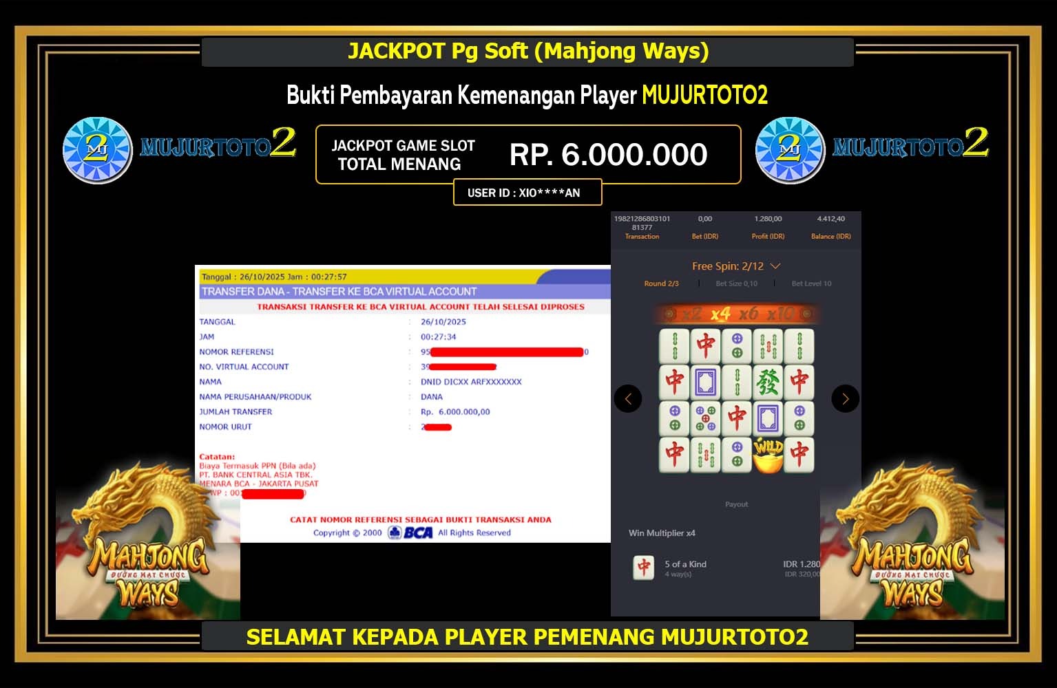 MUJURTOTO2 JACKPOT Pg Soft (Mahjong Ways) Rp.6.000.000,- LUNAS