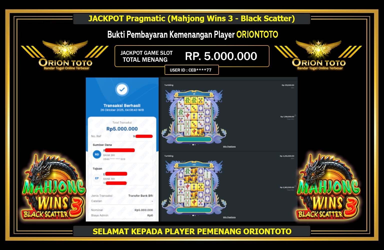 ORIONTOTO JACKPOT Pragmatic (Mahjong Wins 3 - Black Scatter) Rp.5.000.000,- LUNAS