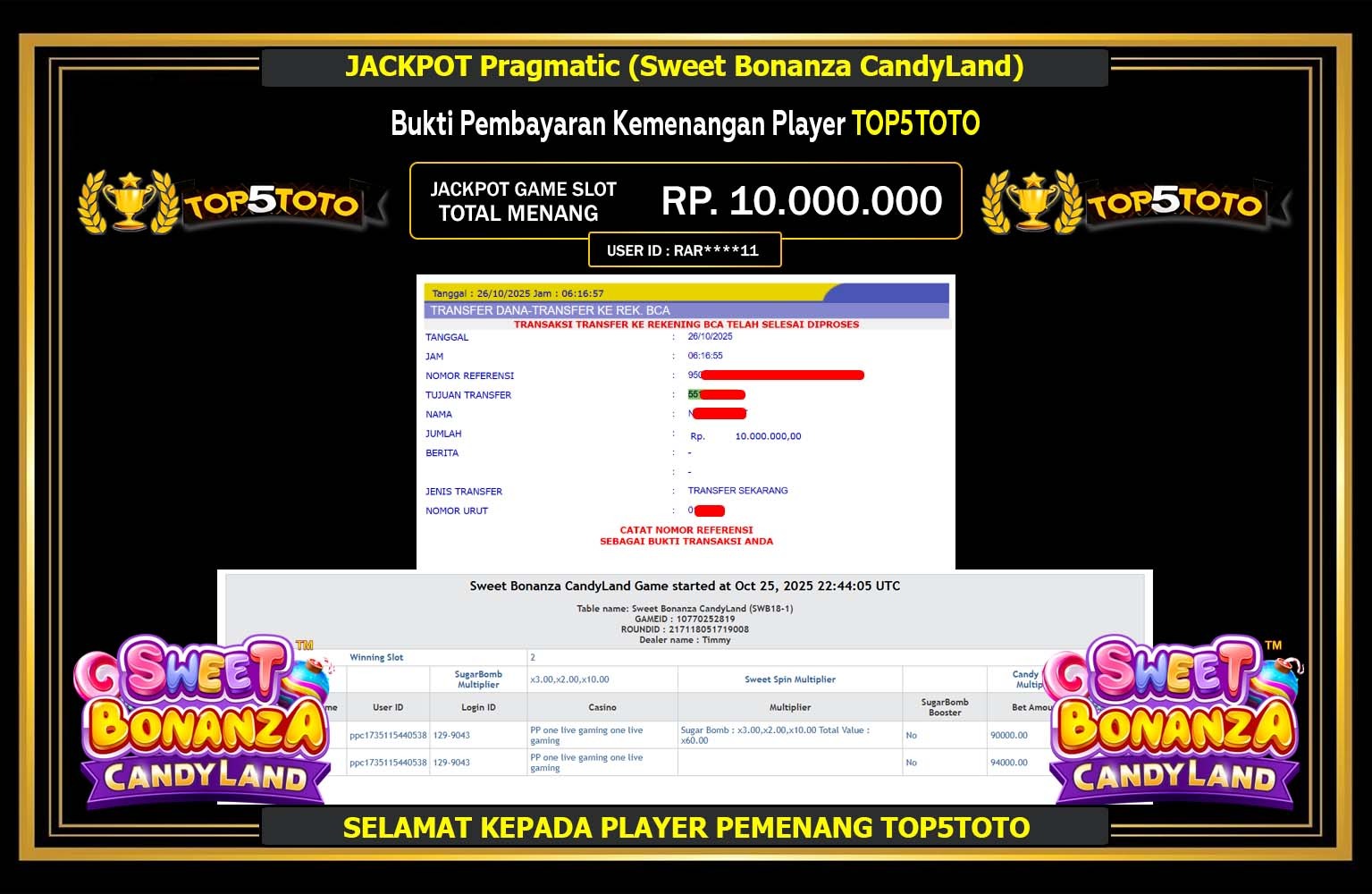 TOP5TOTO JACKPOT Pragmatic (Sweet Bonanza CandyLand) Rp.10.000.000,- LUNAS
