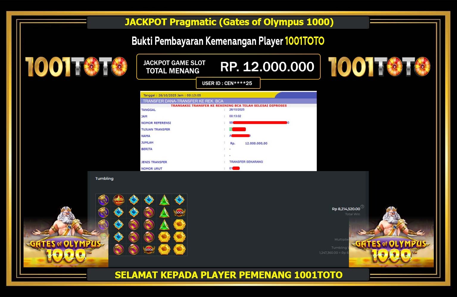 1001TOTO JACKPOT Pragmatic (Gates of Olympus 1000) Rp.12.000.000,- LUNAS