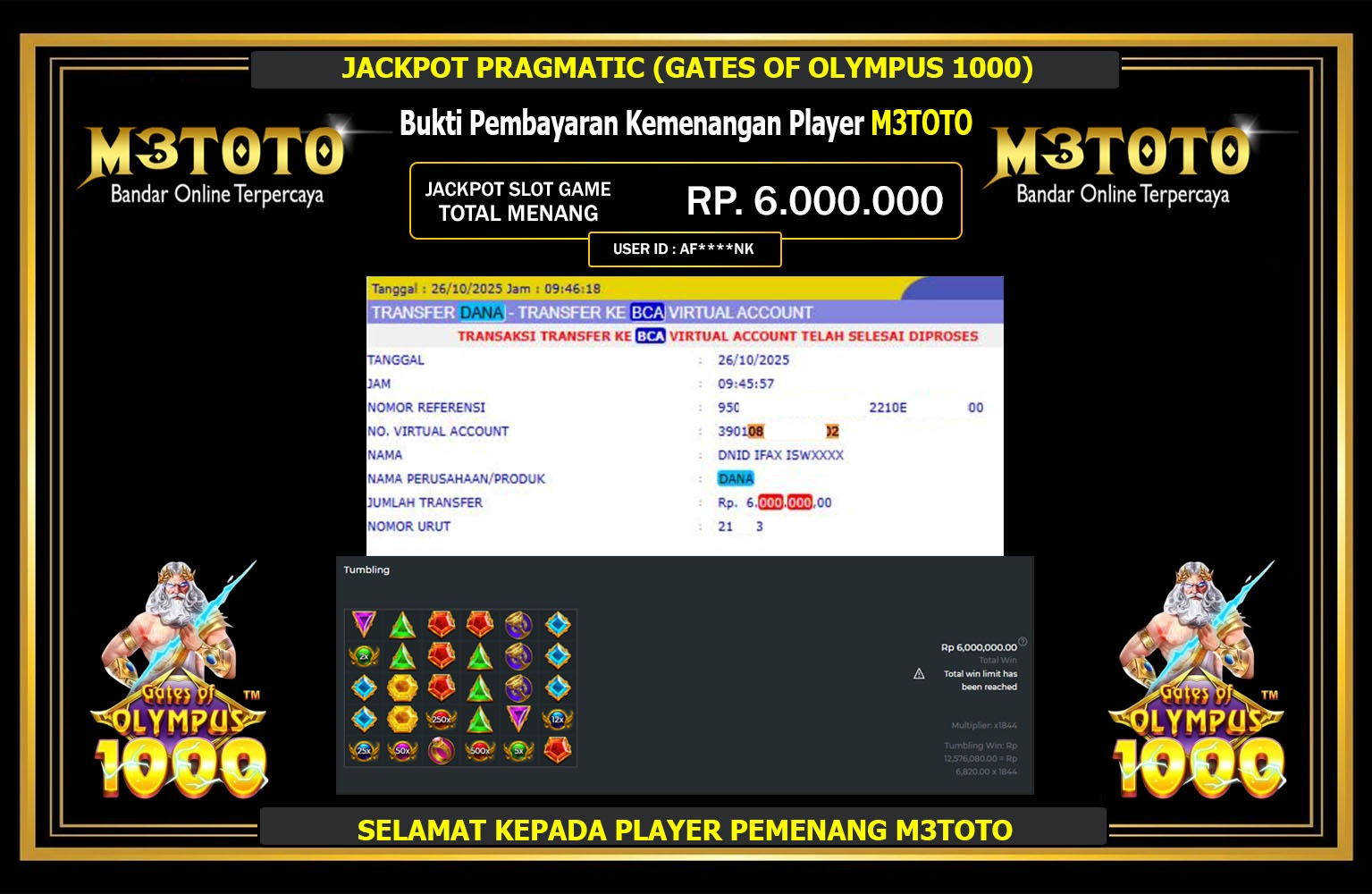 M3TOTO JACKPOT PRAGMATIC (GATES OF OLYMPUS 1000) Rp.6.000.000,- LUNAS