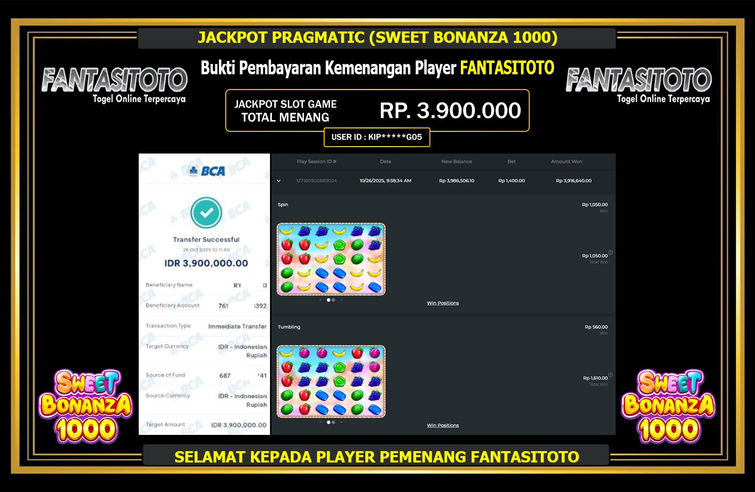 FANTASITOTO JACKPOT PRAGMATIC (SWEET BONANZA 1000) Rp.3.900.000,- LUNAS