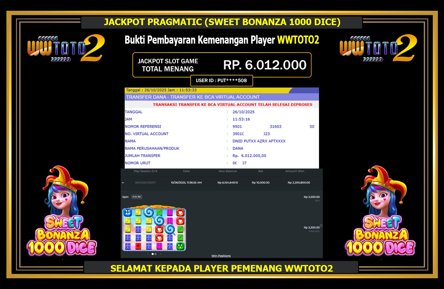 WWTOTO2 JACKPOT PRAGMATIC (SWEET BONANZA 1000 DICE) Rp.6.012.000,- LUNAS