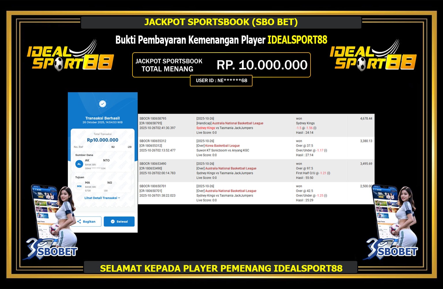 IDEALSPORT88 JACKPOT SPORTSBOOK (SBOBET) Rp.10.000.000,- LUNAS