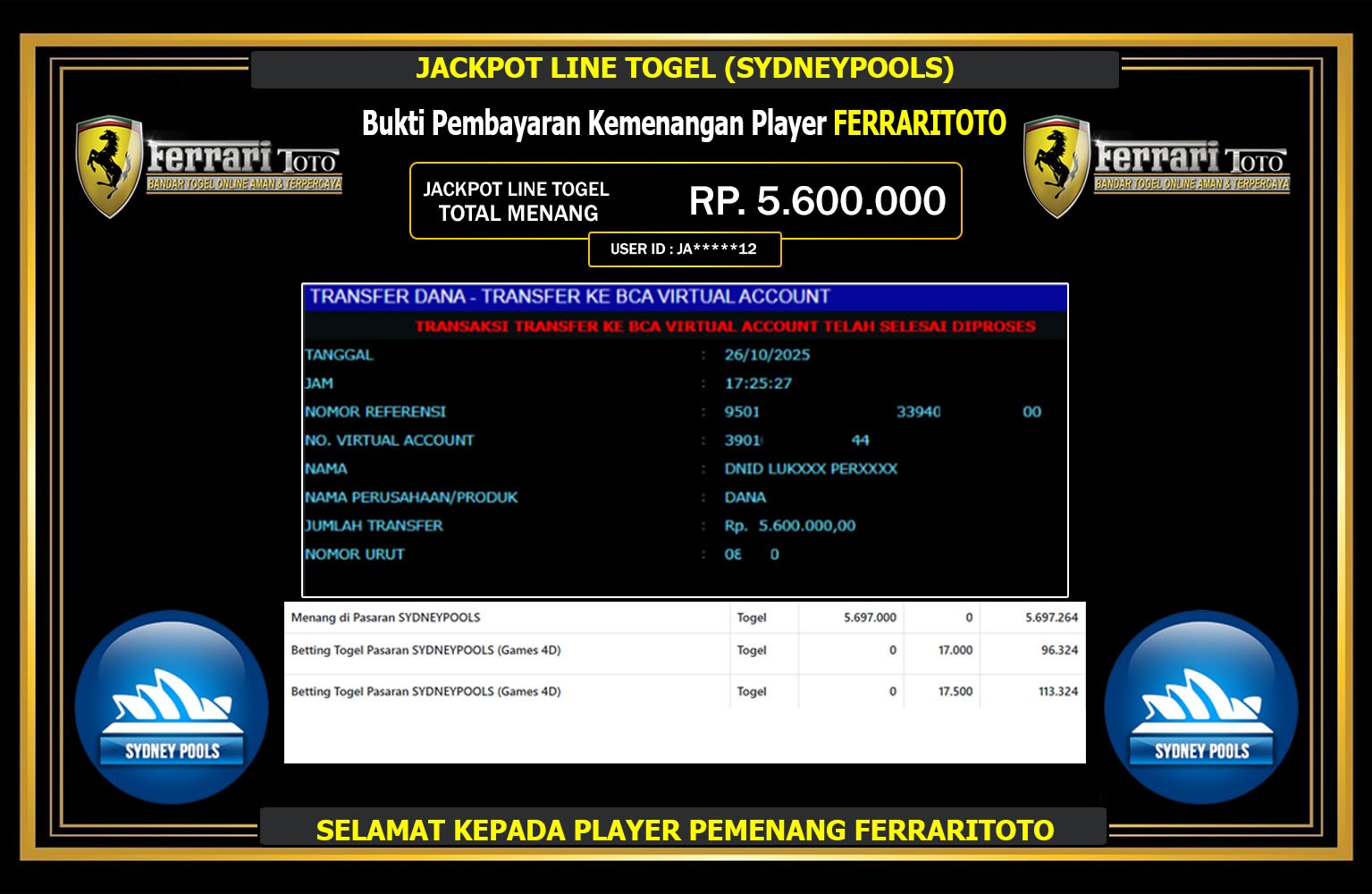 FERRARITOTO JACKPOT LINE TOGEL (SYDNEY POOLS) Rp.5.600.000,- LUNAS