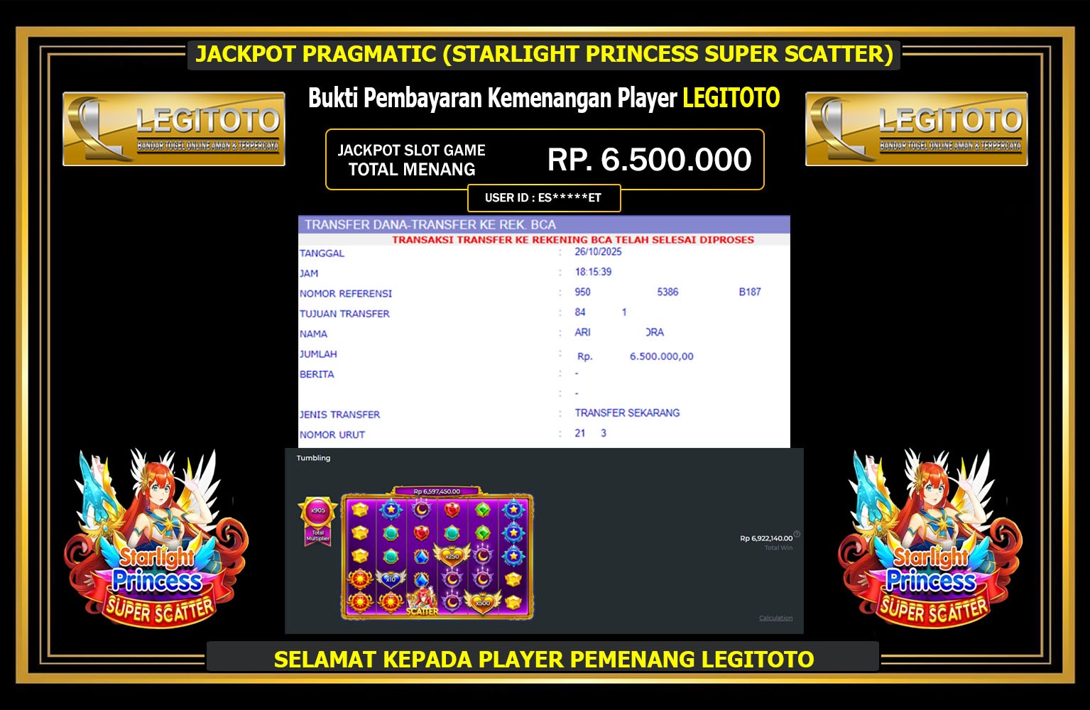 LEGITOTO JACKPOT PRAGMATIC (STARLIGHT PRINCESS SUPER SCATTER) Rp.6.500.000,- LUNAS