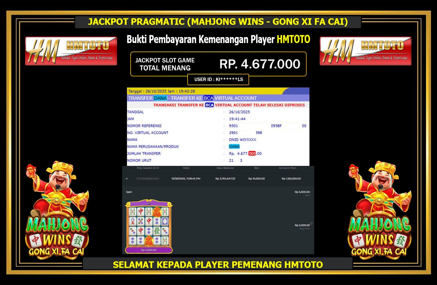 HMTOTO JACKPOT PRAGMATIC (MAHJONG WINS - GONG XI FA CAI) Rp.4.677.000,- LUNAS