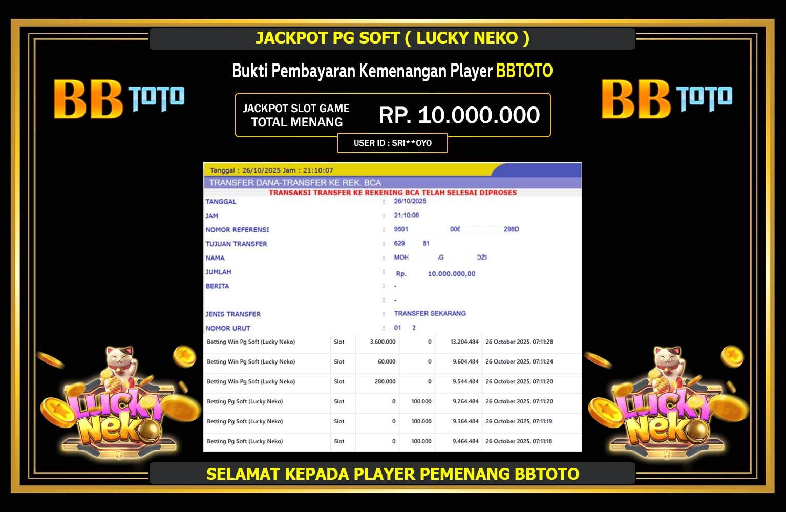 BBTOTO JACKPOT PG SOFT (LUCKY NEKO) Rp.10.000.000,- LUNAS