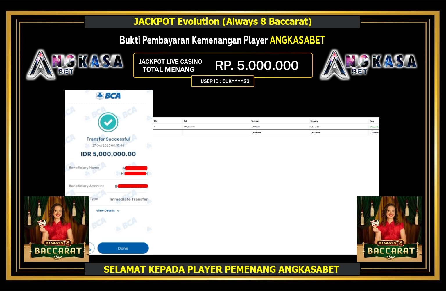 ANGKASABET JACKPOT EVOLUTION (ALWAYS 8 BACCARAT) Rp.5.000.000,- LUNAS