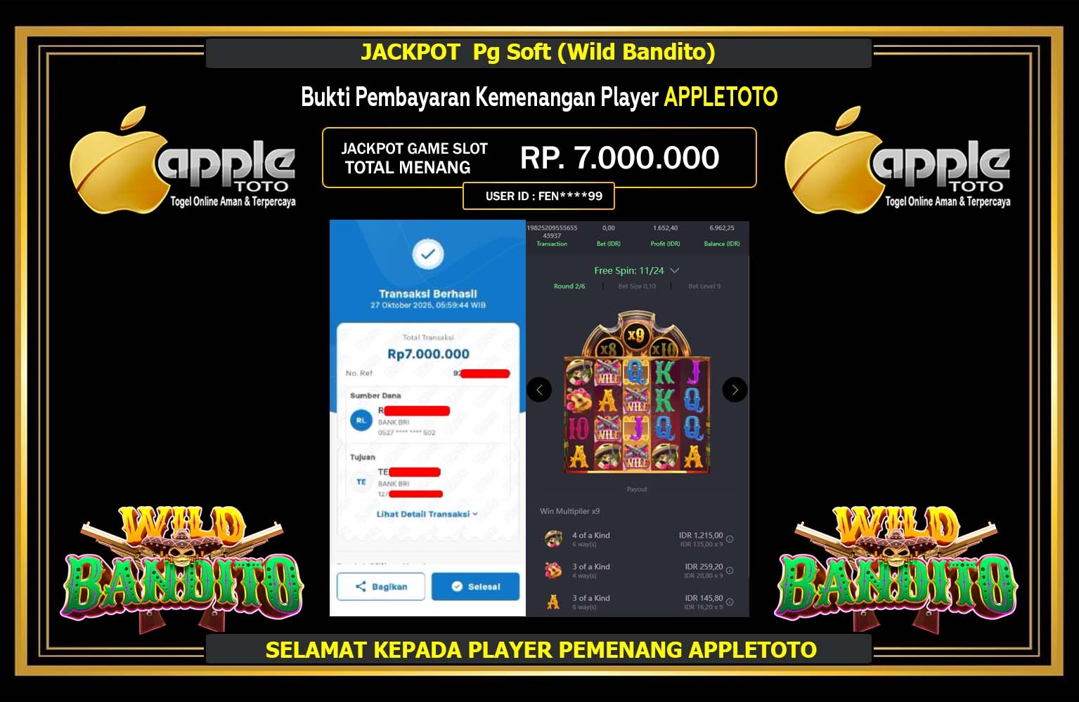 APPLETOTO JACKPOT PG SOFT (WILD BANDITO) Rp.7.000.000,- LUNAS