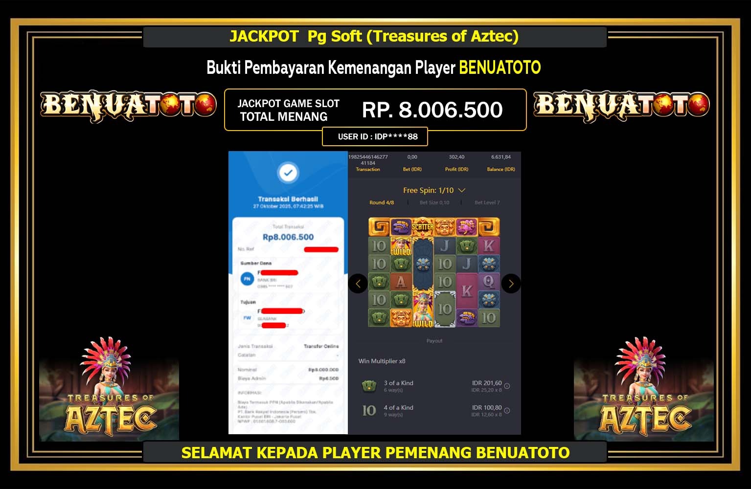 BENUATOTO JACKPOT PG SOFT (TREASURES OF AZTEC) Rp.8.006.500,- LUNAS