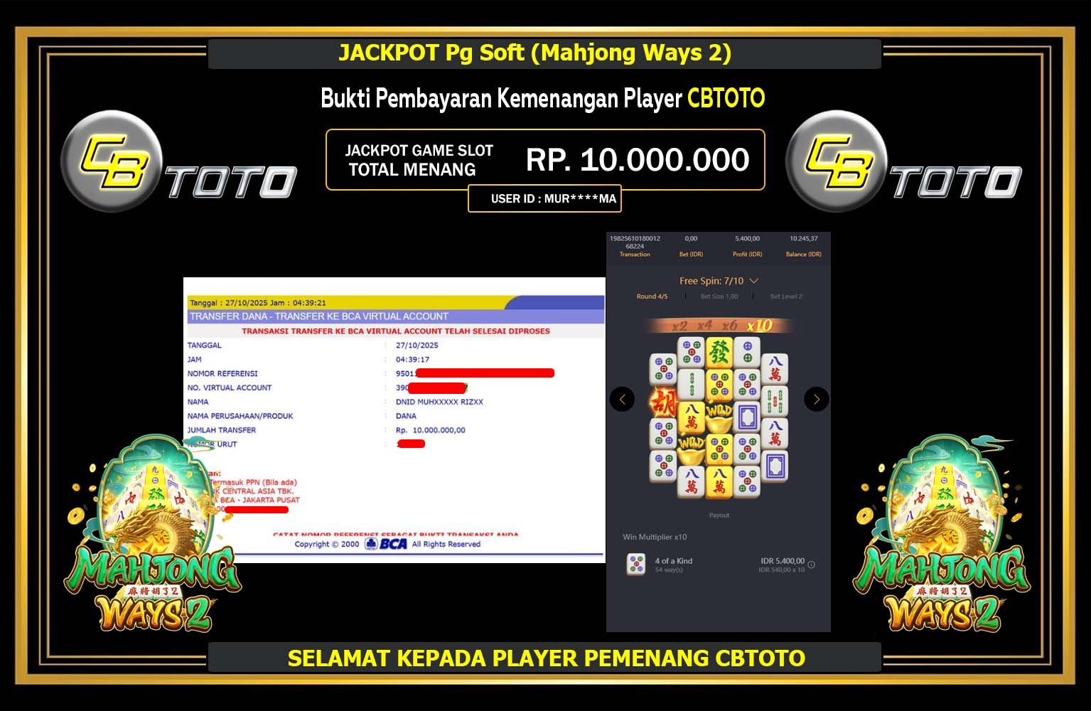 CBTOTO JACKPOT PG SOFT (MAHJONG WAYS 2) Rp.10.000.000,- LUNAS