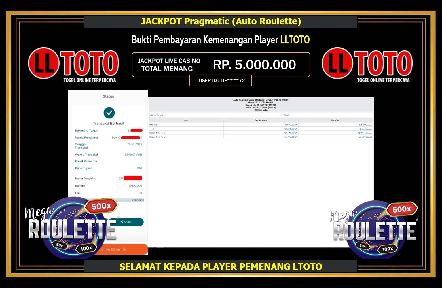 LLTOTO JACKPOT PRAGMATIC (AUTO ROULETTE) Rp.5.000.000,- LUNAS