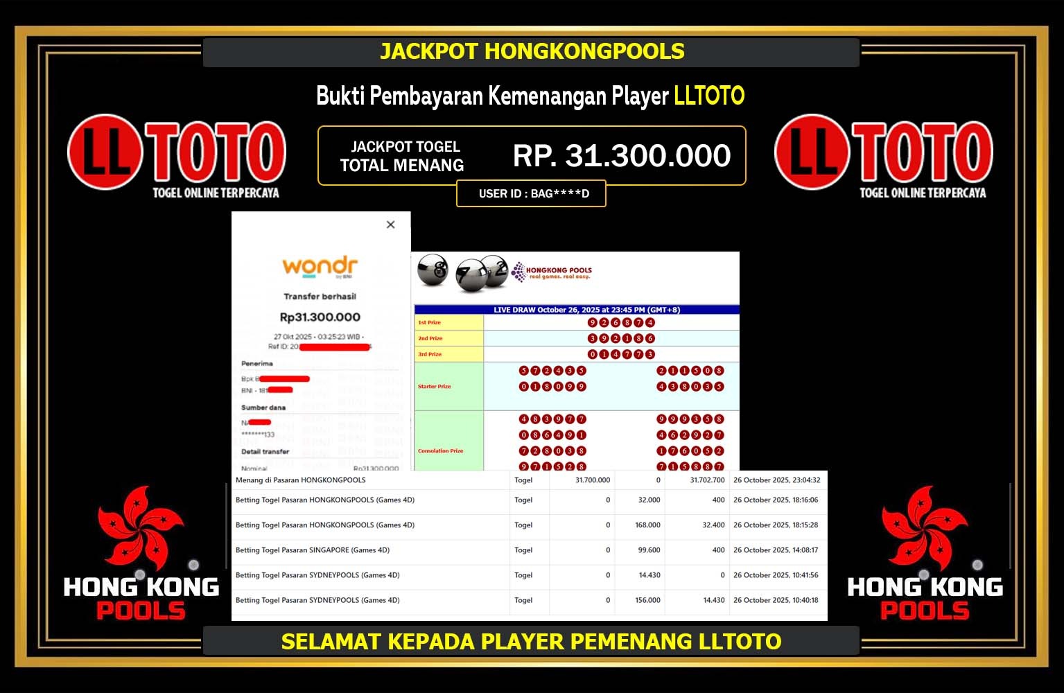 LLTOTO JACKPOT LINE TOGEL (HONGKONG POOLS) Rp.31.300.000,- LUNAS