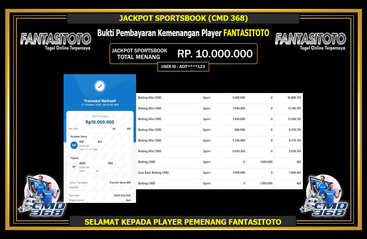 FANTASITOTO JACKPOT SPORTSBOOK (CMD 368) Rp.10.000.000,- LUNAS