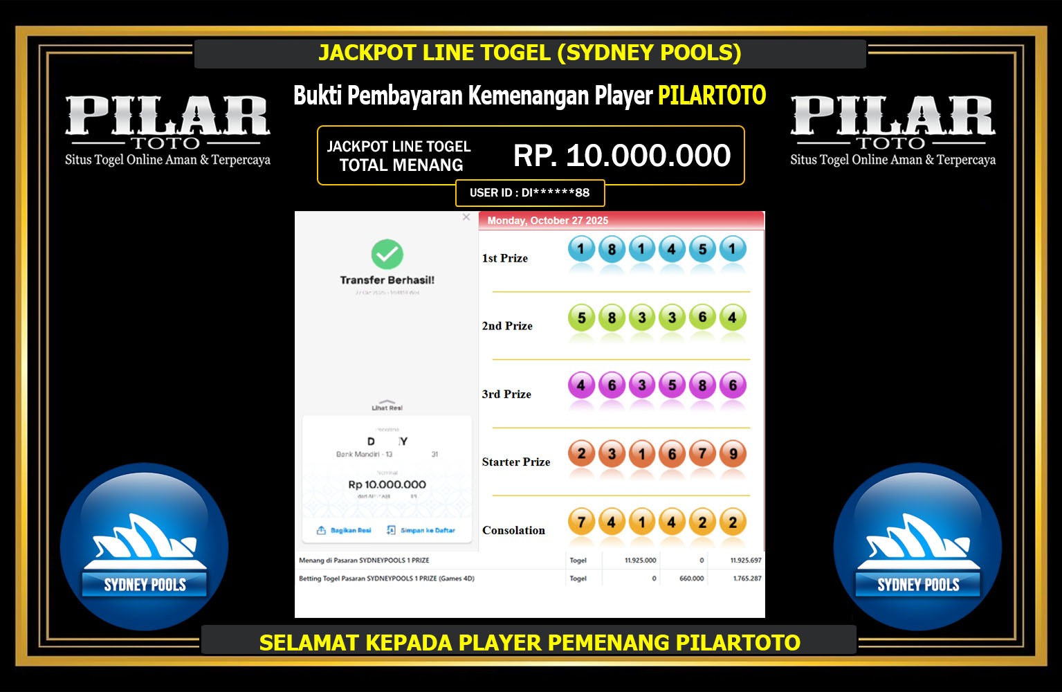 PILARTOTO JACKPOT LINE TOGEL (SYDNEY POOLS) Rp.10.000.000,- LUNAS