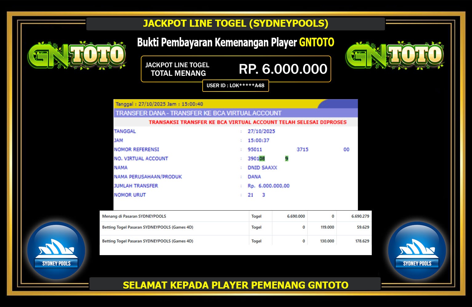 GNTOTO JACKPOT LINE TOGEL (SYDNEY POOLS) Rp.6.000.000,- LUNAS