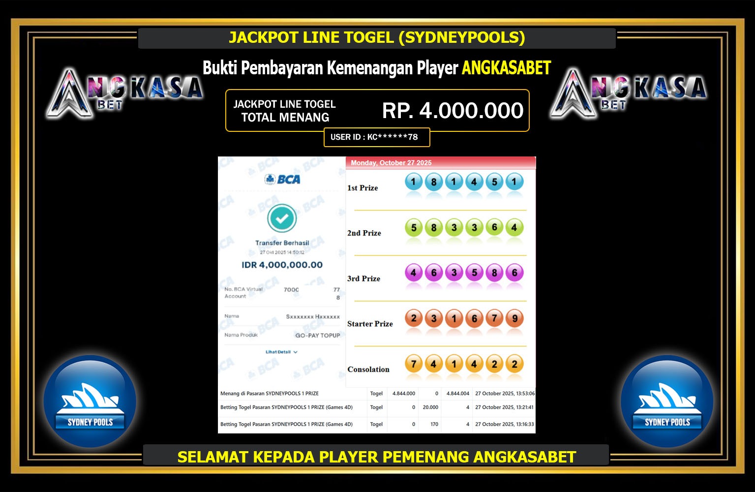 ANGKASABET JACKPOT LINE TOGEL (SYDNEY POOLS) Rp.4.000.000,- LUNAS