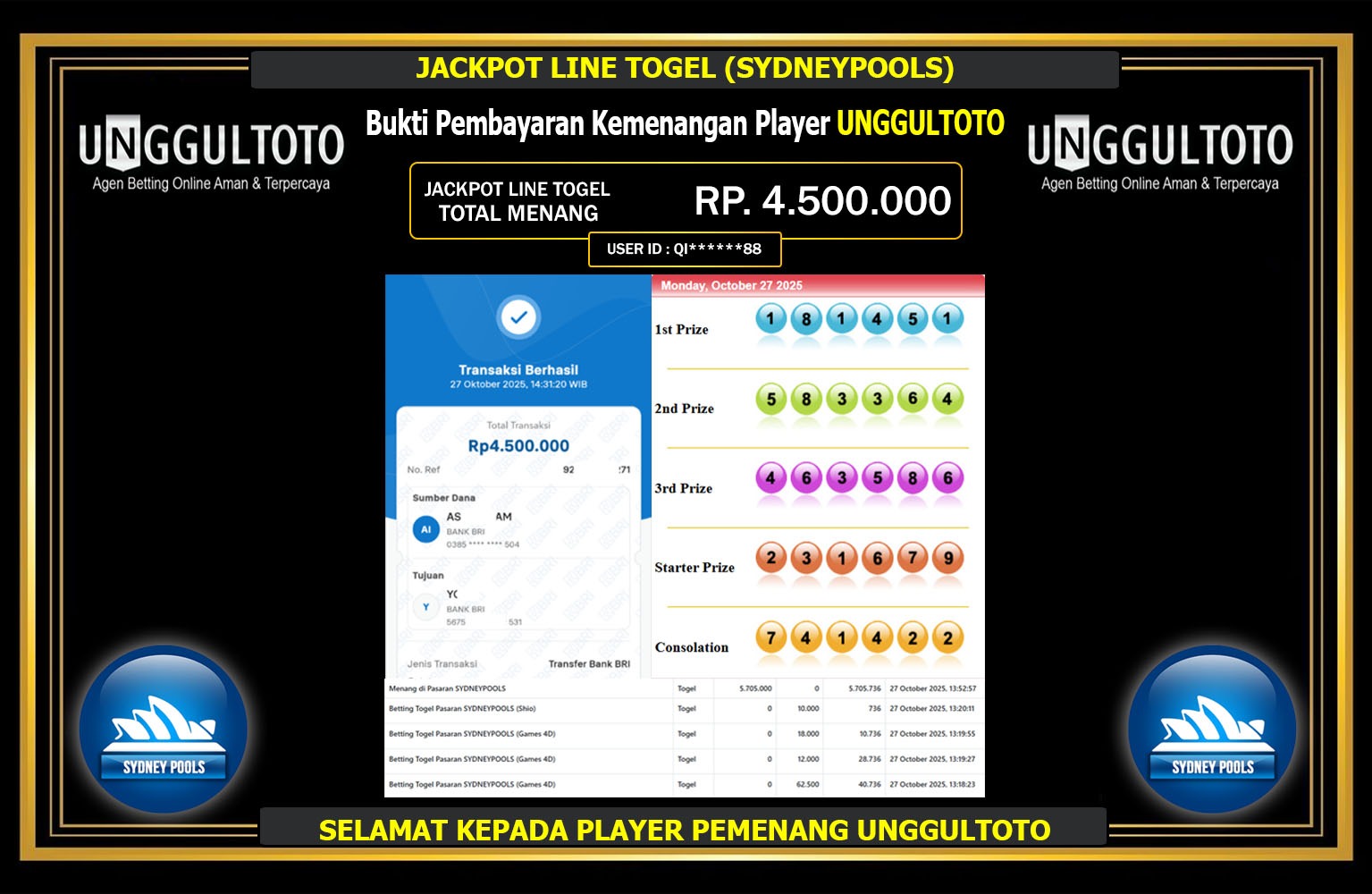 UNGGULTOTO JACKPOT LINE TOGEL (SYDNEY POOLS) Rp.4.500.000,- LUNAS