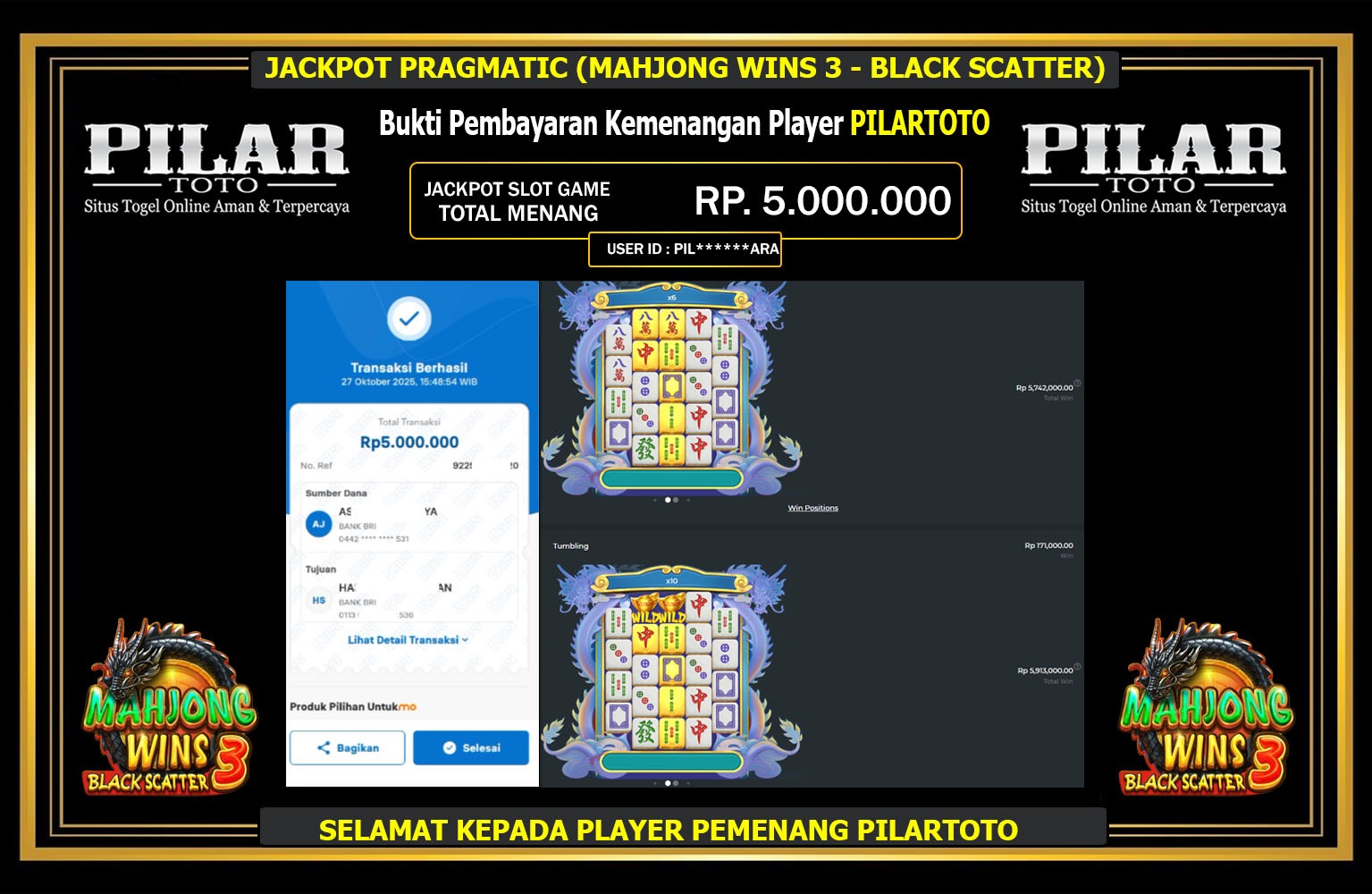 PILARTOTO JACKPOT PRAGMATIC (MAHJONG WINS 3 - BLACK SCATTER) Rp.5.000.000,- LUNAS