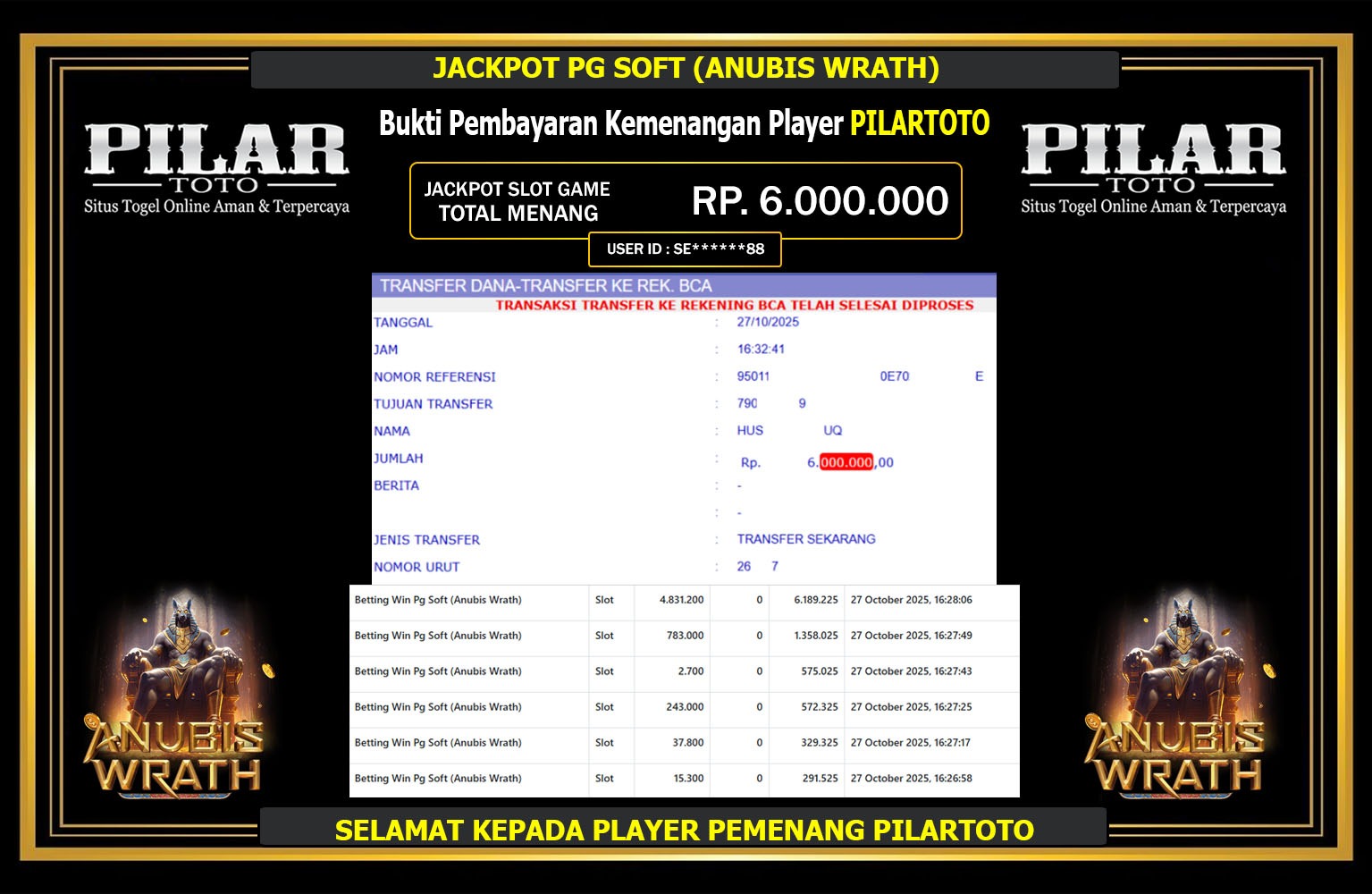 PILARTOTO JACKPOT PG SOFT (ANUBIS WRATH) Rp.6.000.000,- LUNAS