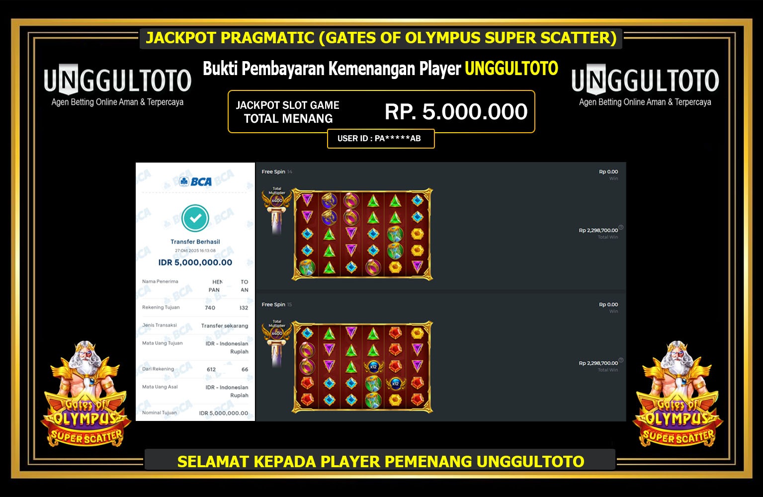 UNGGULTOTO JACKPOT PRAGMATIC (GATES OF OLYMPUS SUPER SCATTER) Rp.5.000.000,- LUNAS
