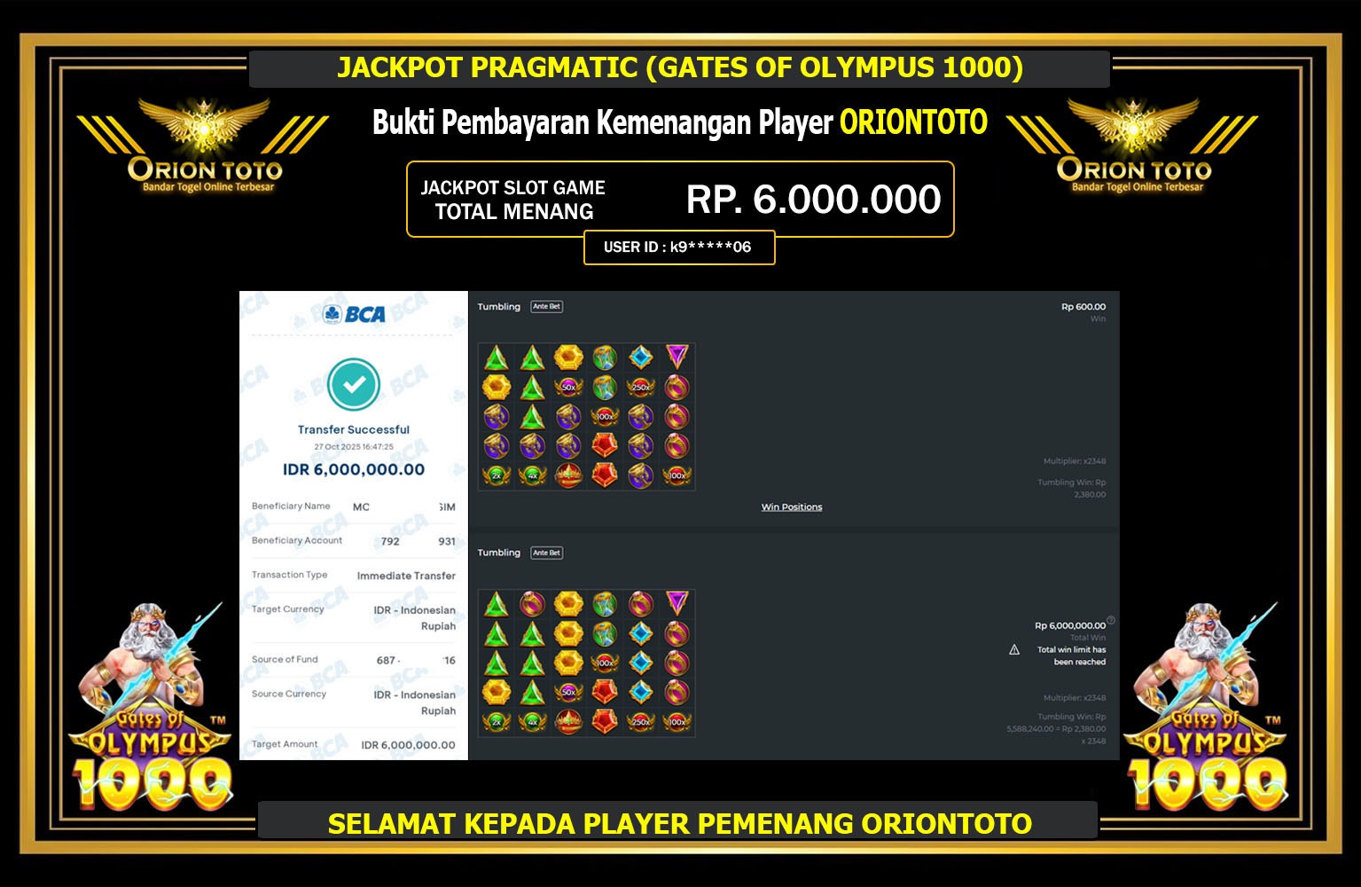ORIONTOTO JACKPOT PRAGMATIC (GATES OF OLYMPUS 1000) Rp.6.000.000,- LUNAS
