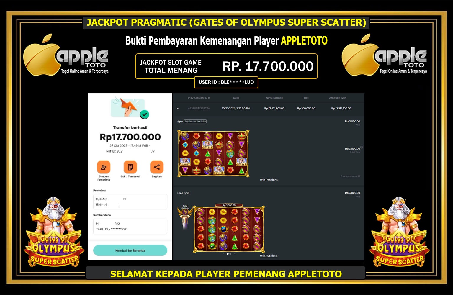 APPLETOTO JACKPOT PRAGMATIC (GATES OF OLYMPUS SUPER SCATTER) Rp.17.700.000,- LUNAS