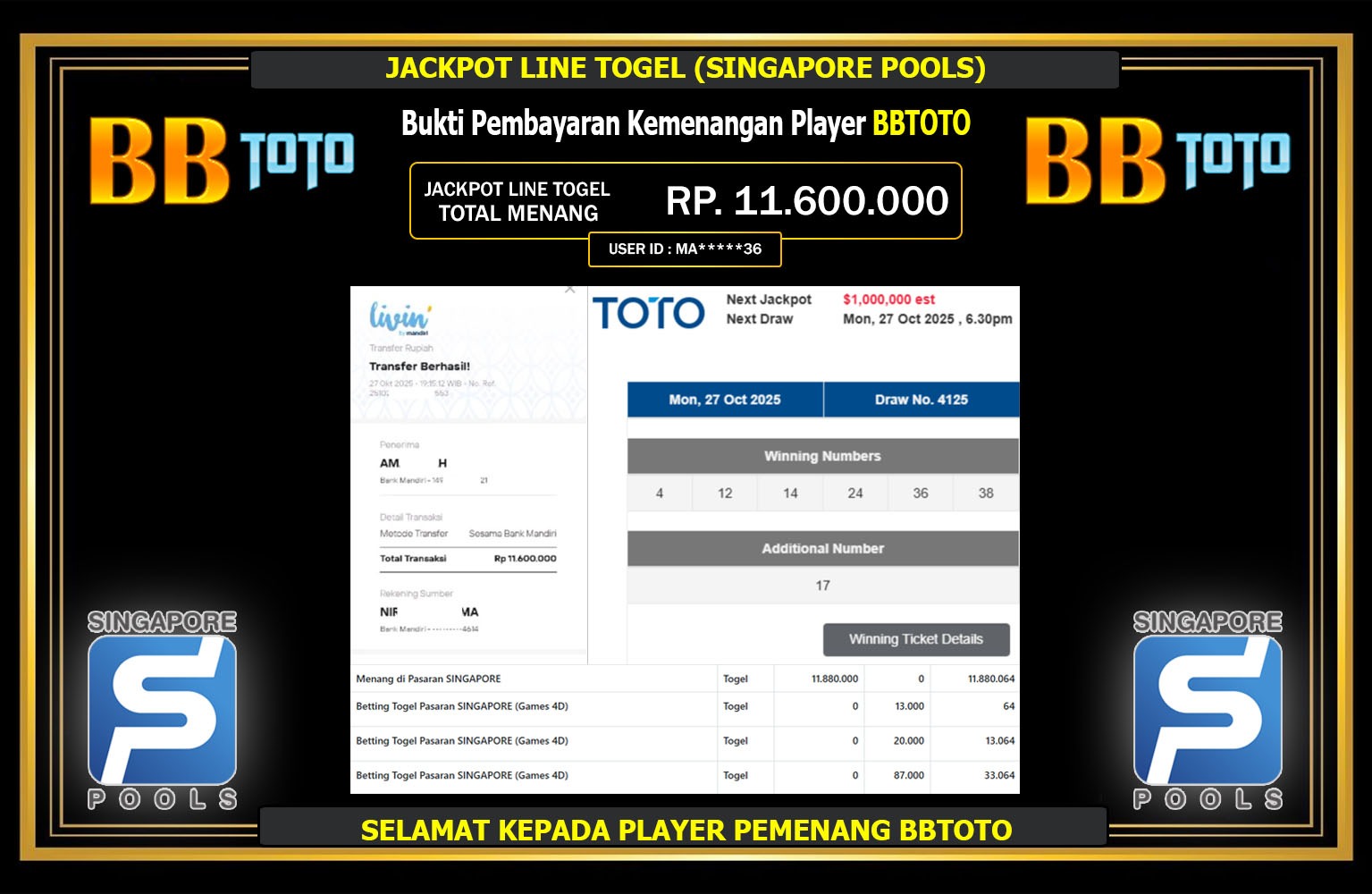 BBTOTO JACKPOT LINE TOGEL (SINGAPORE POOLS) Rp.11.600.000,- LUNAS