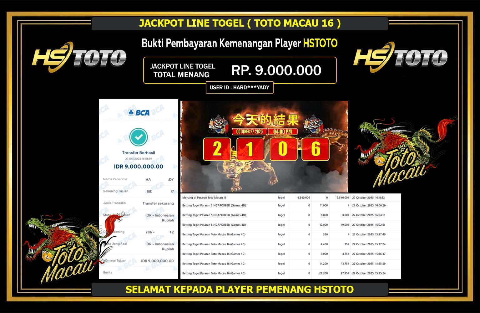HSTOTO JACKPOT LINE TOGEL (TOTO MACAU 16 PM) Rp.9.000.000,- LUNAS
