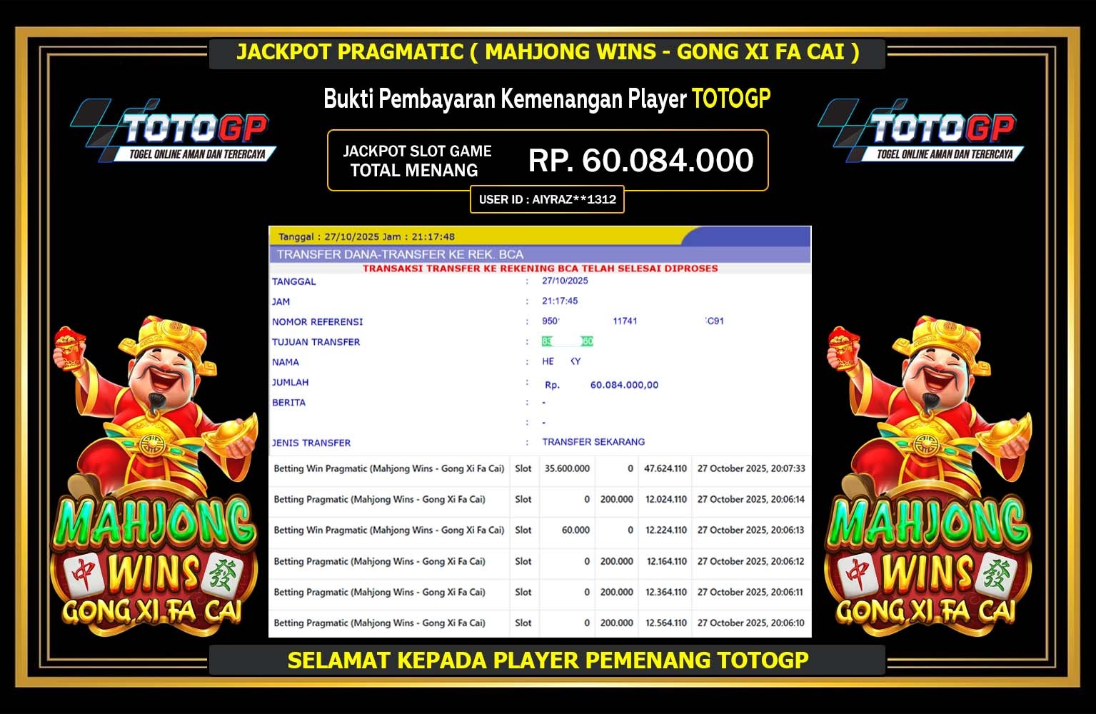 TOTOGP JACKPOT PRAGMATIC (MAHJONG WINS - GONG XI FA CAI) Rp.60.084.000,- LUNAS